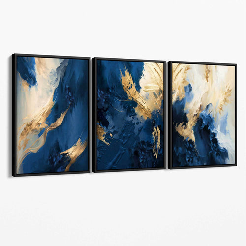 Abstract Blue and Gold Set of 3 Canvas Wall Art Paintings | Bowlift