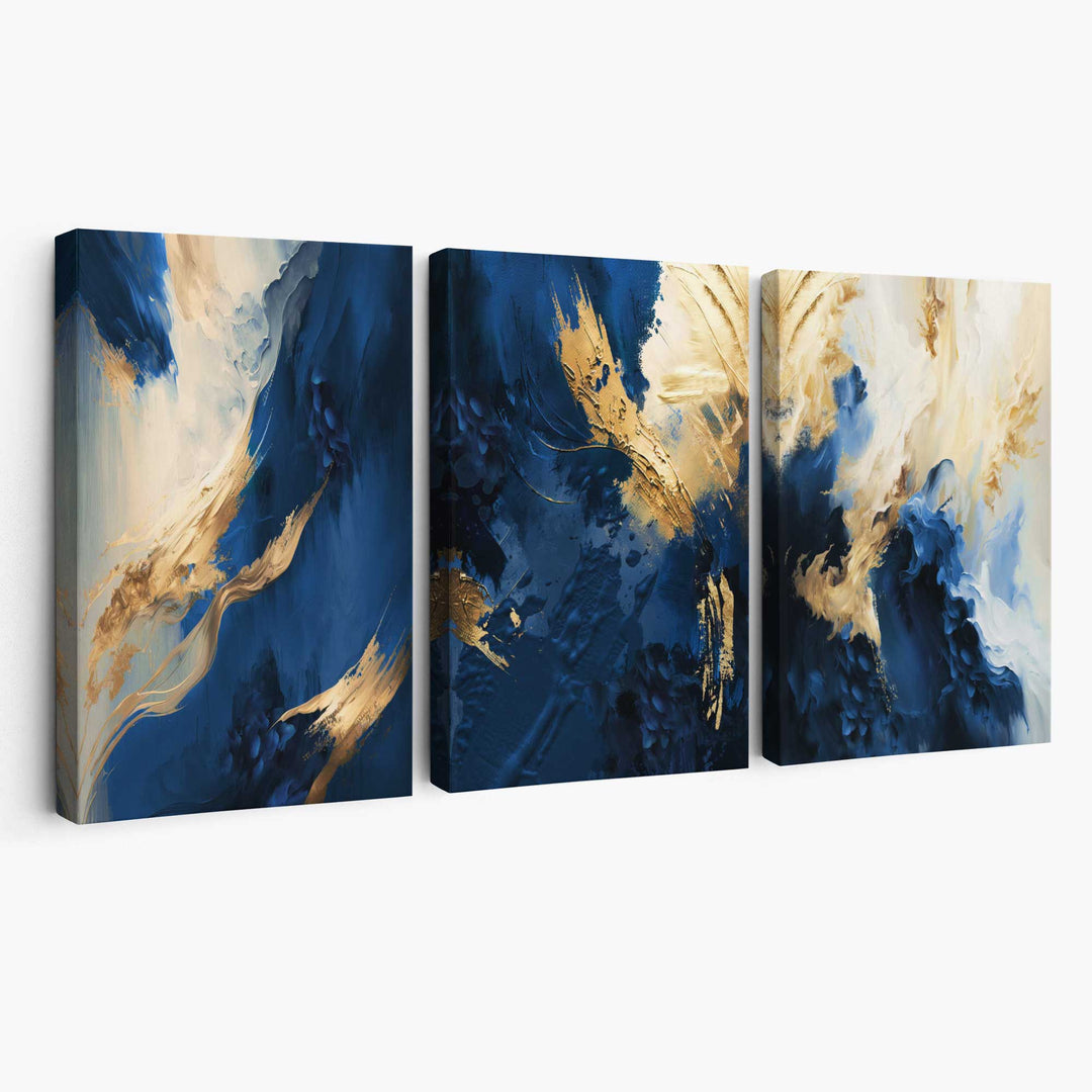 Abstract Blue and Gold Set of 3 Canvas Wall Art Paintings | Bowlift