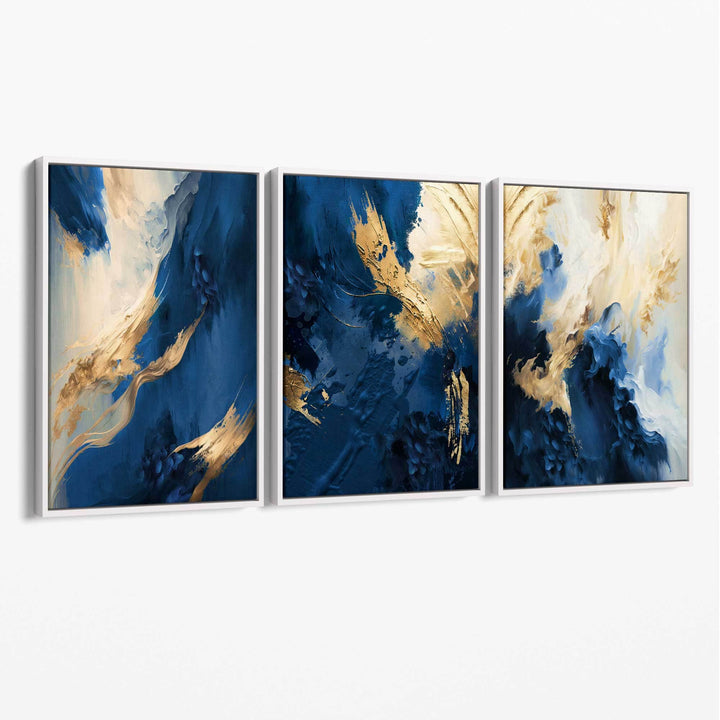Abstract Blue and Gold Set of 3 Canvas Wall Art Paintings | Bowlift