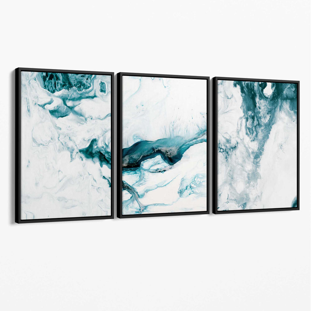 Abstract Teal and White Set of 3 Canvas Wall Art | Bowlift