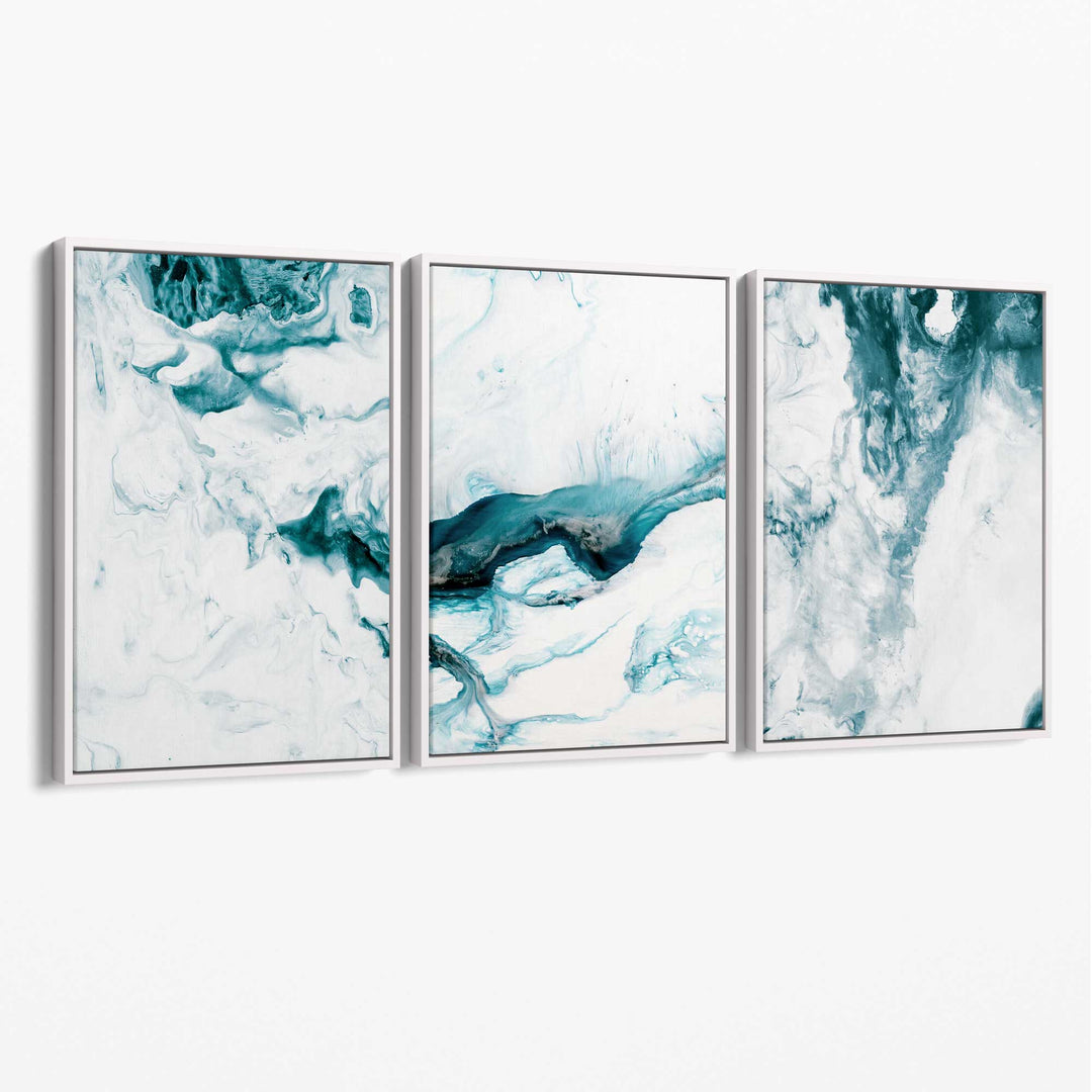 Abstract Teal and White Set of 3 Canvas Wall Art | Bowlift