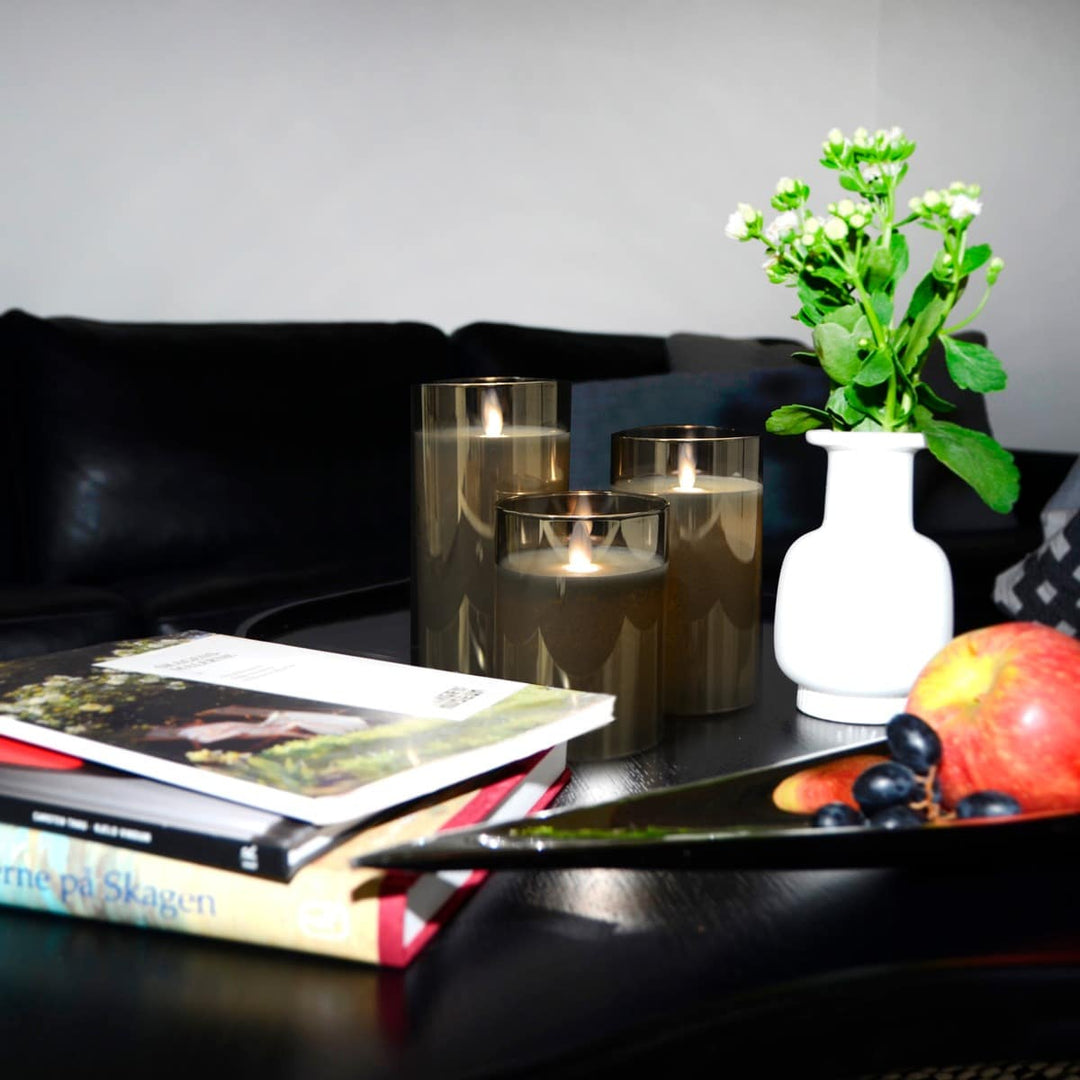 LED Candle in Glass with Moving Flame and Remote Control -White- 3 pieces. | Bowlift
