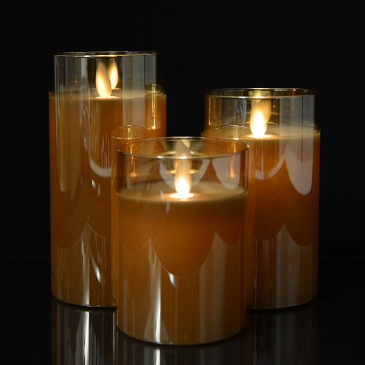 LED Candle in Glass with Moving Flame and Remote Control - Gold - 3 Pieces | Bowlift