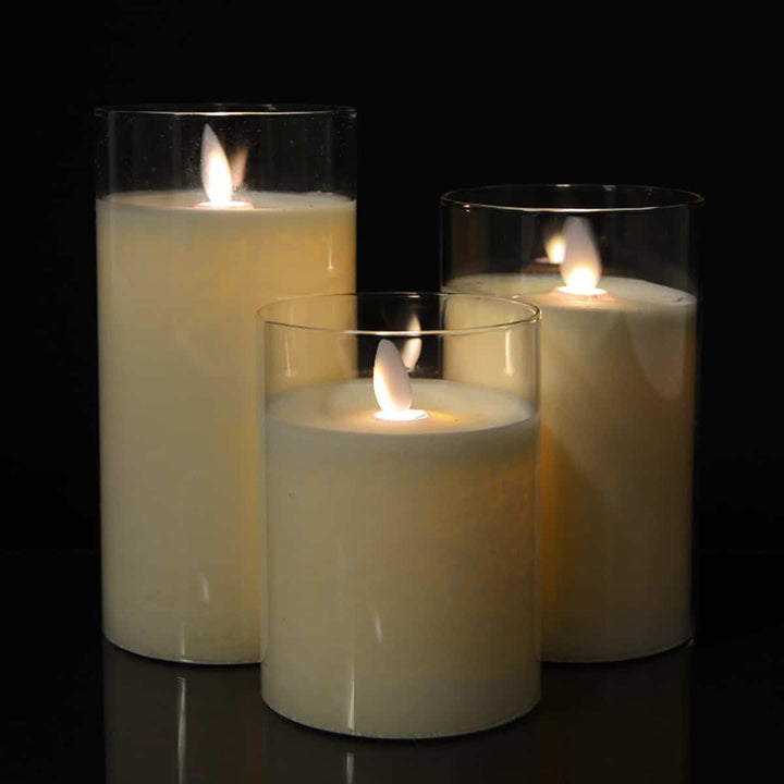 LED Candle in Glass with Moving Flame and Remote Control -White- 3 pieces. | Bowlift