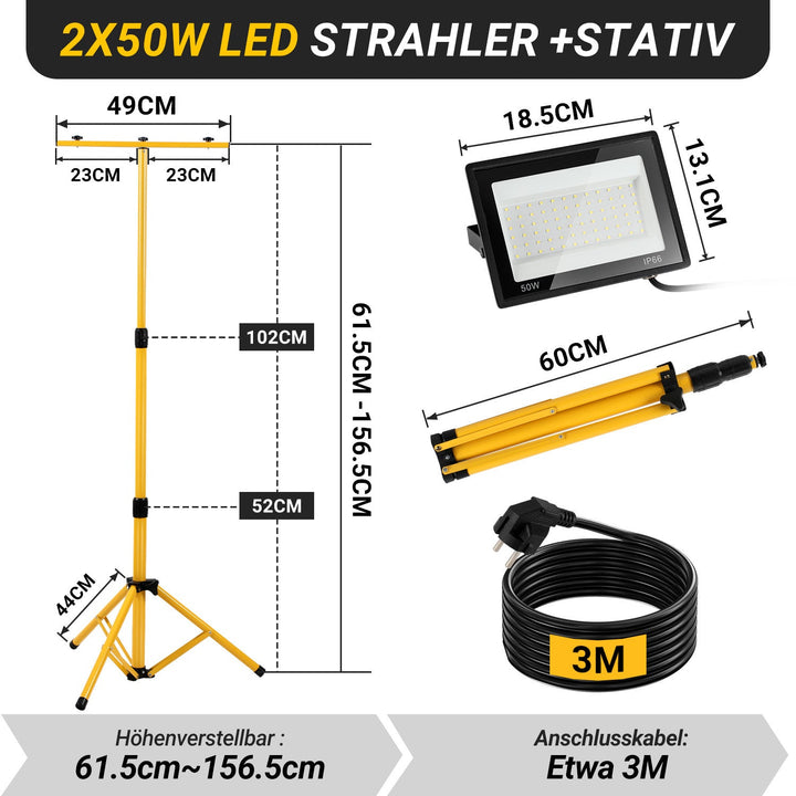 LED Construction Spotlight 2 x 50W/100W/200W with Tripod Adjustable | Bowlift