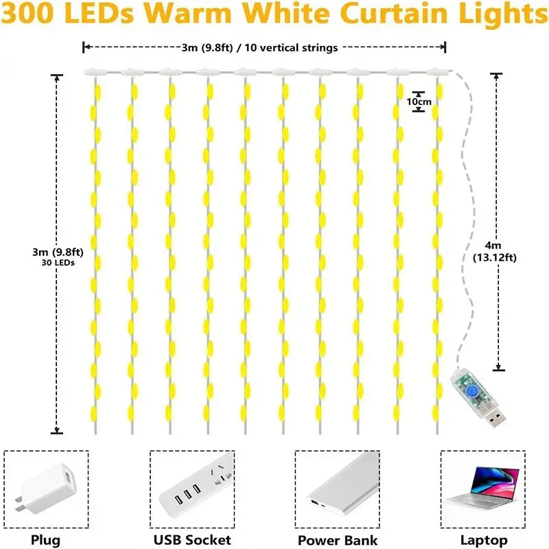 BowLift | Luminora LED Gordijnverlichting – 300 Warmwitte Lampjes met Afstandsbediening, USB & Timerfunctie (IP65 Waterdicht)