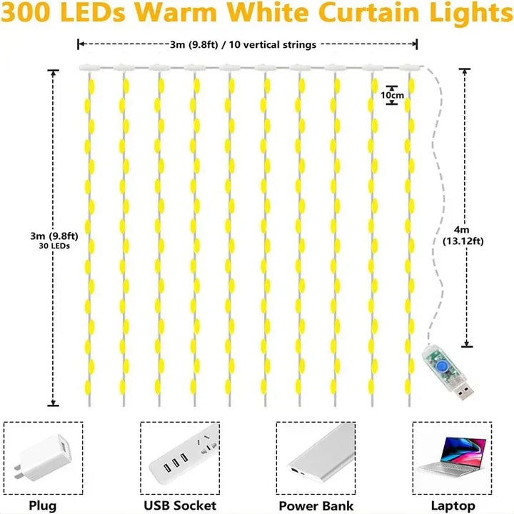 BowLift | Luminora LED Gordijnverlichting – 300 Warmwitte Lampjes met Afstandsbediening, USB & Timerfunctie (IP65 Waterdicht)