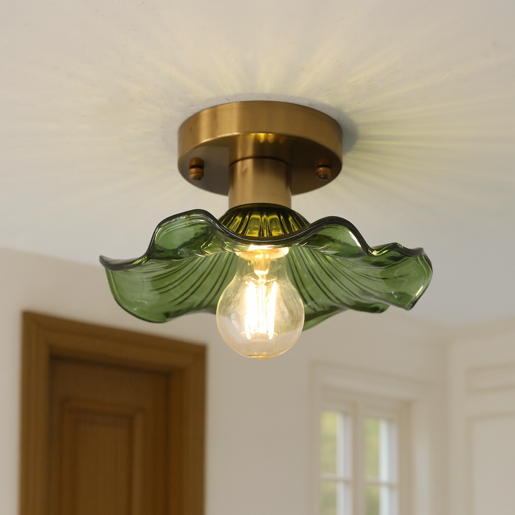 BowLift | Hibiscus Ceiling Lamp with Green Glass and Brass Finish – Modern LED Lamp for Living Room and Bedroom