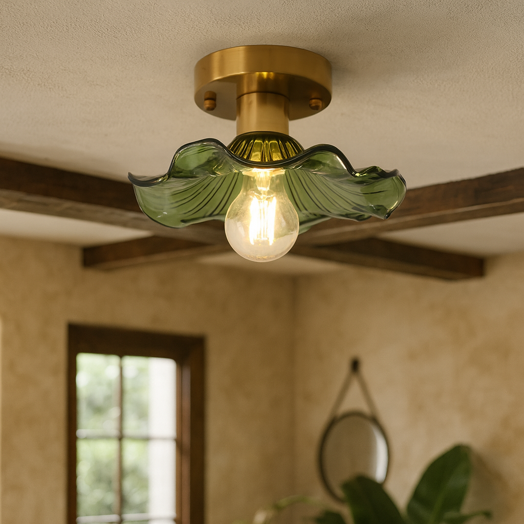 BowLift | Hibiscus Ceiling Lamp with Green Glass and Brass Finish – Modern LED Lamp for Living Room and Bedroom