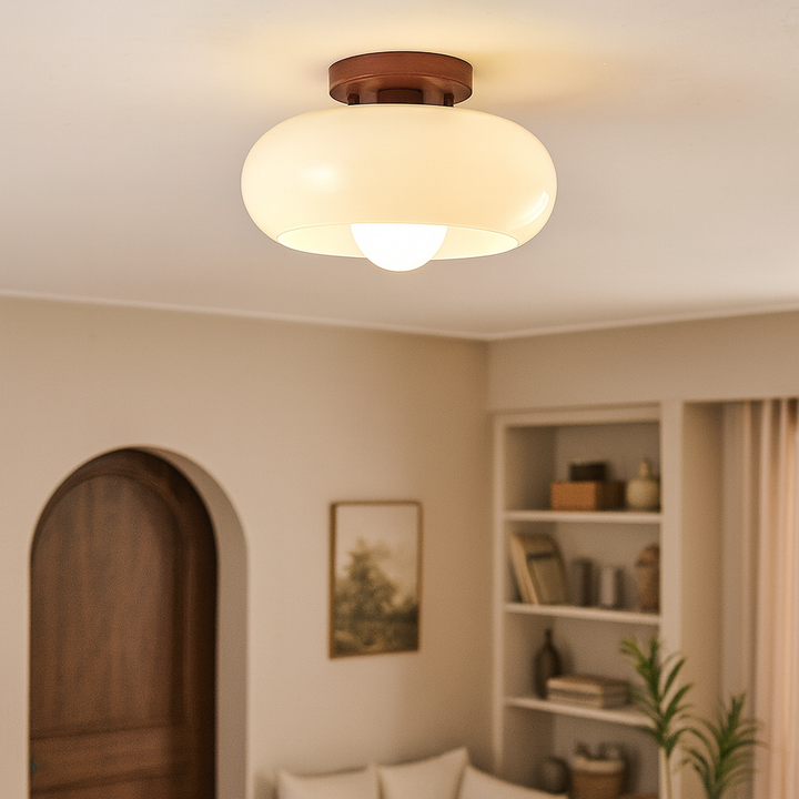 BowLift | LED Ceiling Lamp Bauhaus Cream with Glass Shade for Living Room and Bedroom - Modern Design, Soft Light