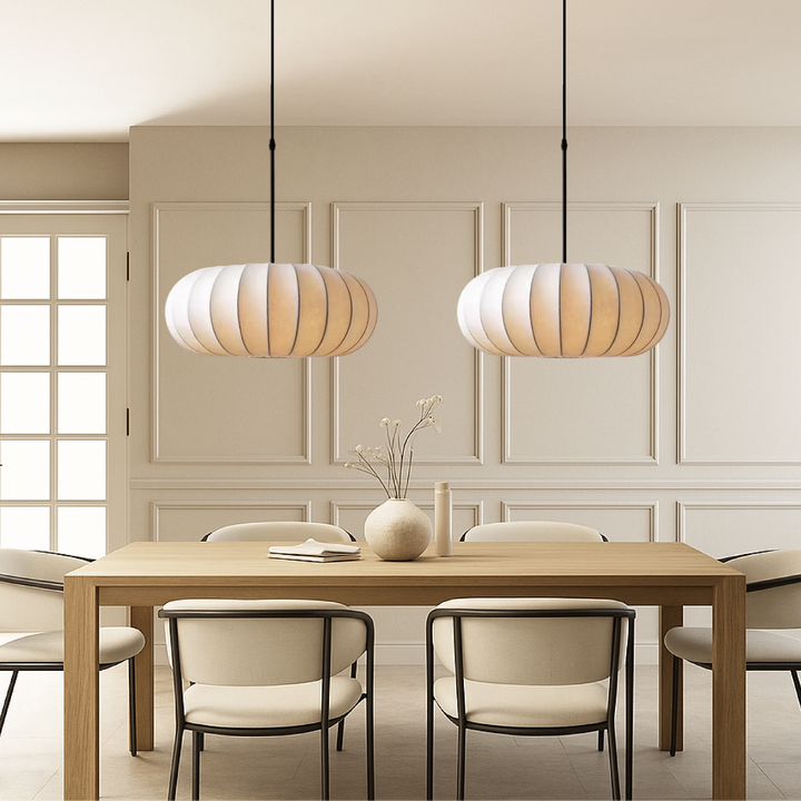 BowLift | Verona Hanging Lamp with Height Adjustment – Elegant Lighting for Dining Room and Living Room, Silk Shade, Soft Light
