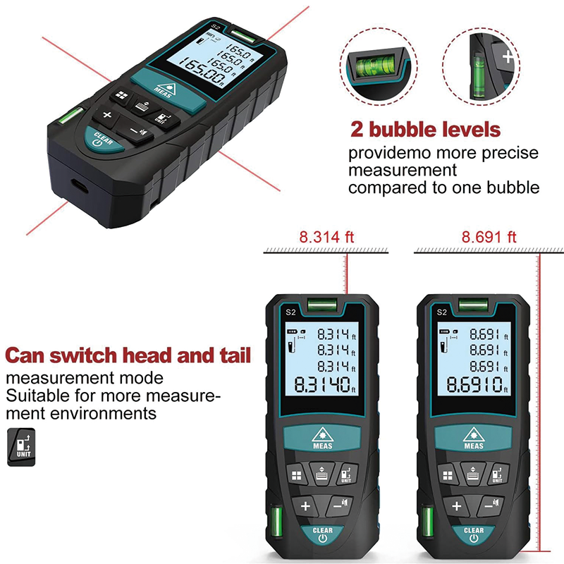 BowLift | Laser Measure, 165 Feet Digital Laser Distance Meter with 2 Bubble Levels, M/in/Ft Unit Switching Backlit LCD ,Measure Distance, Area and Volume