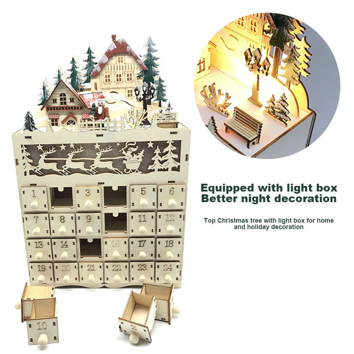 BowLift | LumiFest Houten Adventskalender – 24 Vakjes met Warm LED-Licht & Kerstsfeer