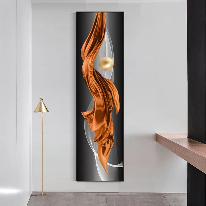 Light Luxury Abstract Golden Drapery Fine Art Canvas Prints Vertical Wall Art Pieces with Rich Amber Hues and Lustrous Orb for Modern Home or Office Decor | Bowlift