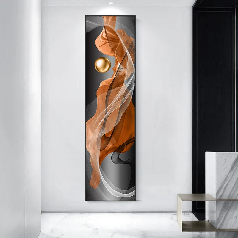 Light Luxury Abstract Golden Drapery Fine Art Canvas Prints Vertical Wall Art Pieces with Rich Amber Hues and Lustrous Orb for Modern Home or Office Decor | Bowlift