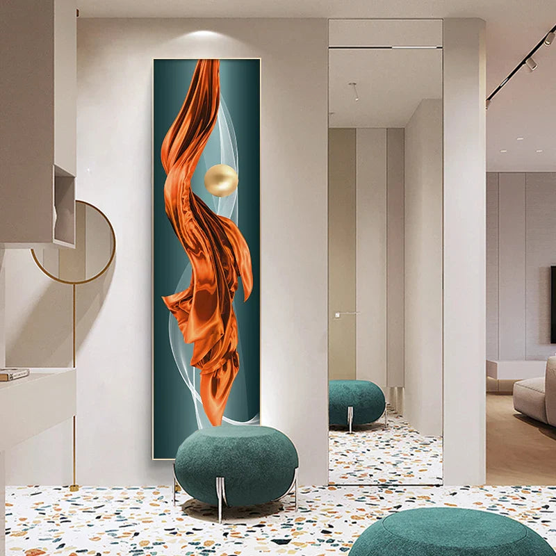 Light Luxury Abstract Golden Drapery Fine Art Canvas Prints Vertical Wall Art Pieces with Rich Amber Hues and Lustrous Orb for Modern Home or Office Decor | Bowlift