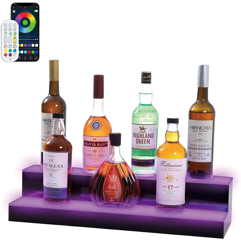 BowLift | 2 Tier Led Liquor Bottle Display Shelf, 24 Inch Whiskey Rack with RF Remote and App Control, Illuminated Acrylic Lighting Shelves for Home Bar, Party