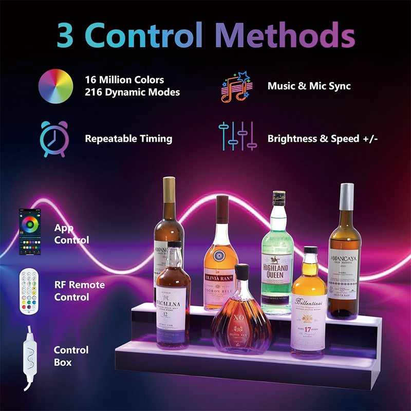 BowLift | 2 Tier Led Liquor Bottle Display Shelf, 24 Inch Whiskey Rack with RF Remote and App Control, Illuminated Acrylic Lighting Shelves for Home Bar, Party