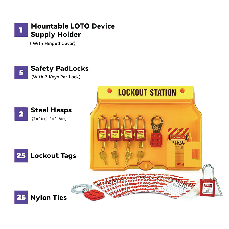 BowLift | Lockout Tagout Kits, 5 Safety Padlocks,2 Hasps,25 Lockout Tags,25 Nylon Ties,Loto Station for 4 Safety Padlocks for Industrial, Electric Power, Machinery