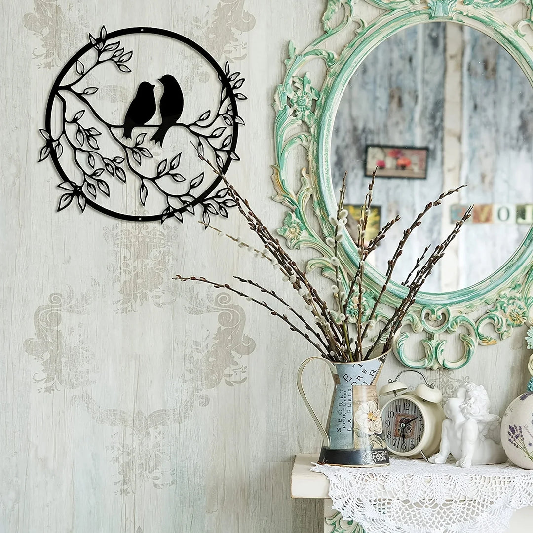 Love Birds On A Branch Metal Wall Art 3D Sculptured Iron Craft Bird Silhouette Wall Decor For Living Room Dining Room Garden Creative Nordic Home Decor | Bowlift