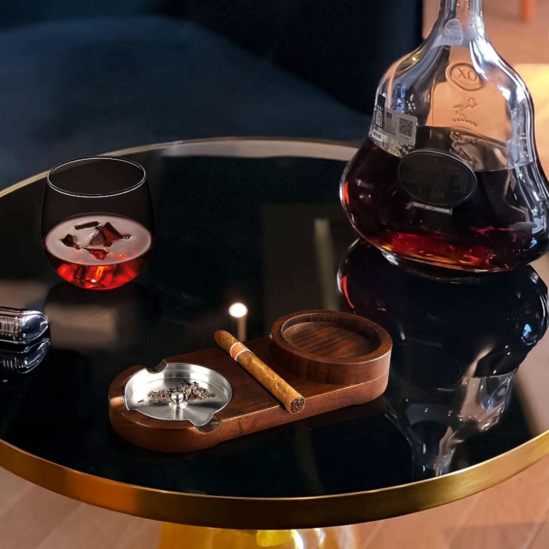 BowLift | CigarOak Ashtray with Whiskey Holder – Luxury Wooden Tray for Cigar Lovers