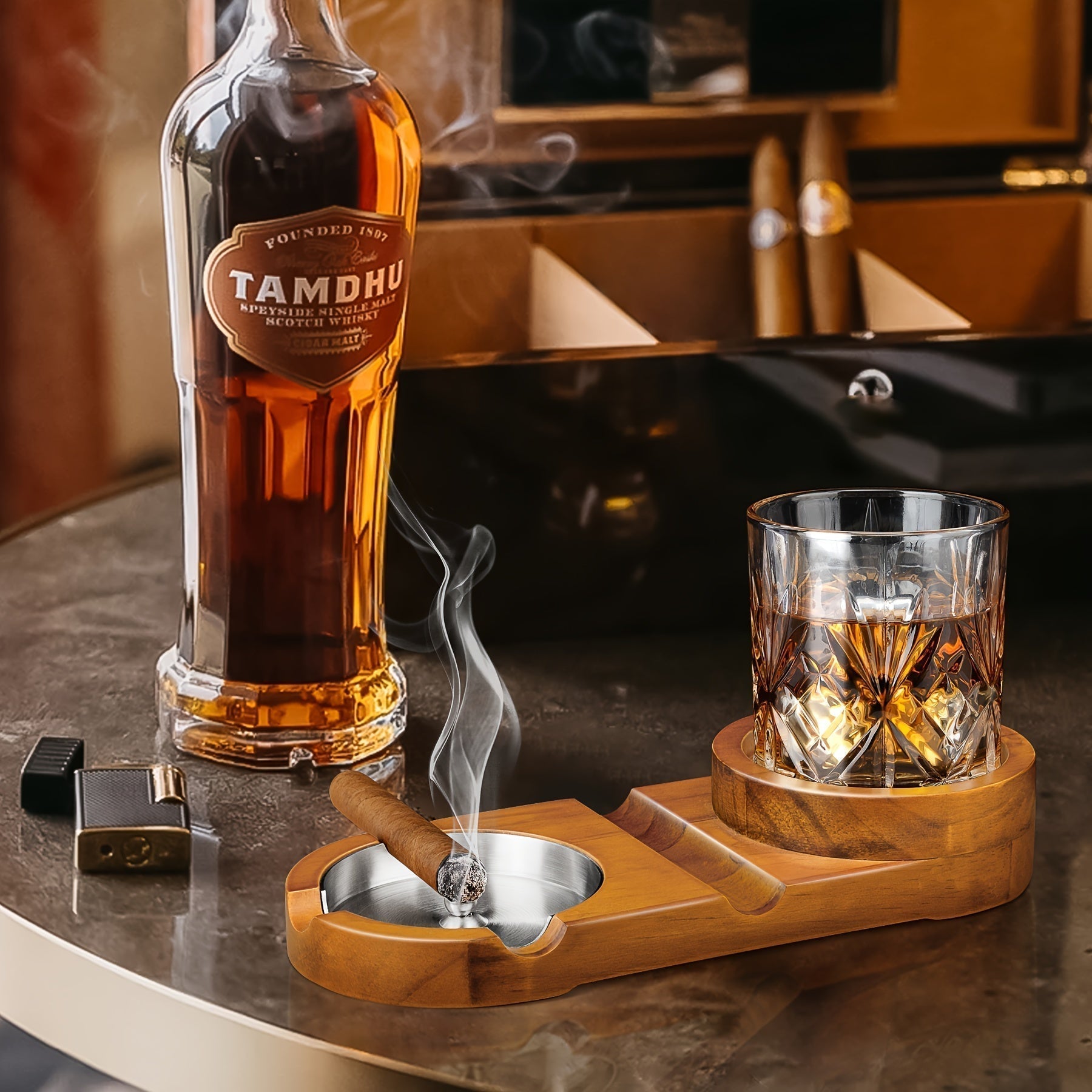 BowLift | CigarOak Ashtray with Whiskey Holder – Luxury Wooden Tray for Cigar Lovers