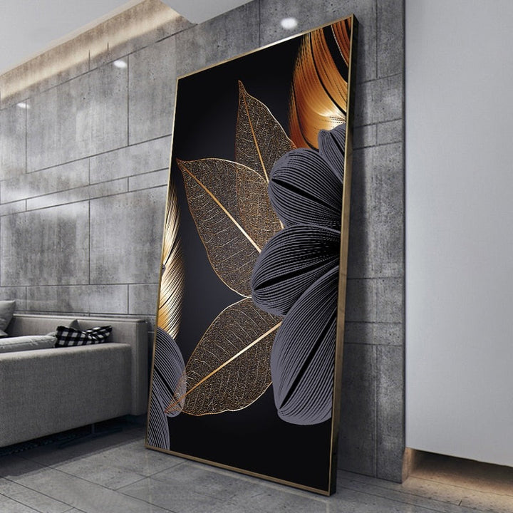 Luxury Black Golden Leaf Wall Art Fine Art Canvas Prints Modern Abstract Tropical Botanical Upscale Pictures For Living Room Loft Apartment Home Office Decor | Bowlift