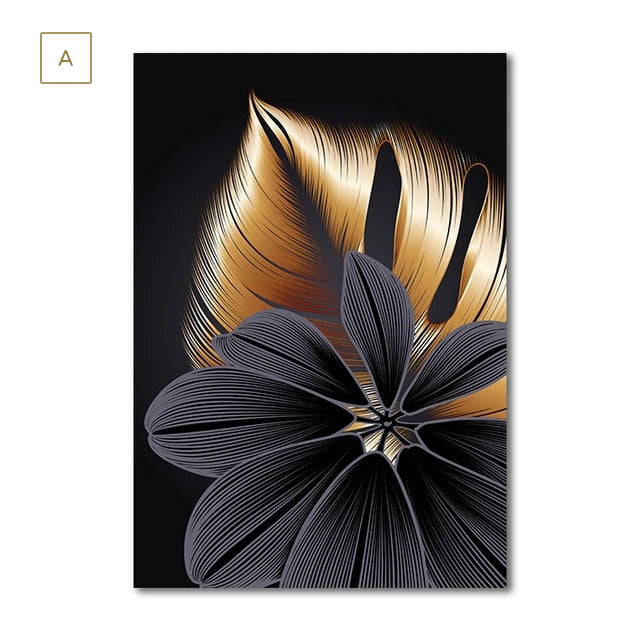 Luxury Black Golden Leaf Wall Art Fine Art Canvas Prints Modern Abstract Tropical Botanical Upscale Pictures For Living Room Loft Apartment Home Office Decor | Bowlift