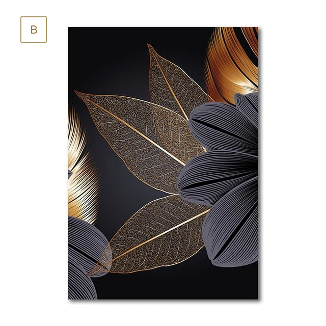 Luxury Black Golden Leaf Wall Art Fine Art Canvas Prints Modern Abstract Tropical Botanical Upscale Pictures For Living Room Loft Apartment Home Office Decor | Bowlift