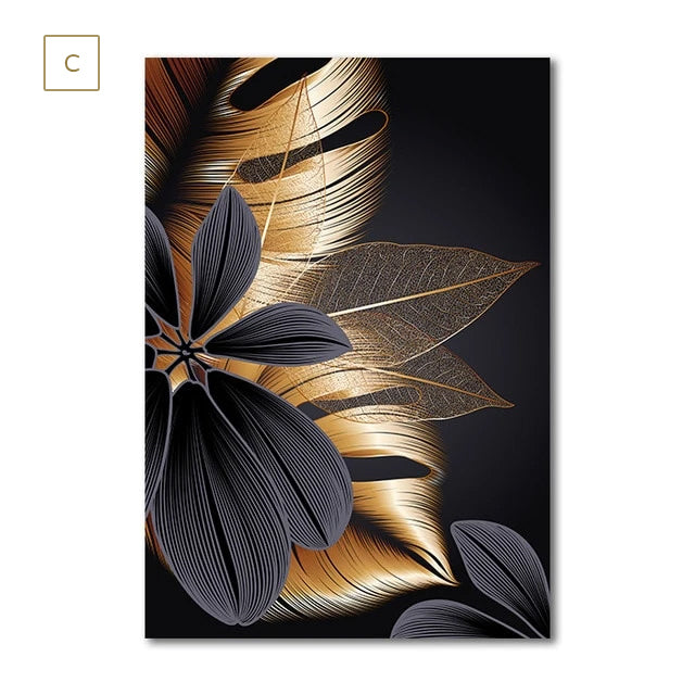 Luxury Black Golden Leaf Wall Art Fine Art Canvas Prints Modern Abstract Tropical Botanical Upscale Pictures For Living Room Loft Apartment Home Office Decor | Bowlift