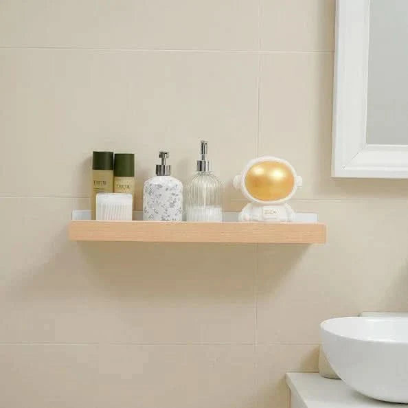 BowLift | Woodify Towel Rack – No-Drill Wall-Mounted Shower Shelf with Wooden Accents