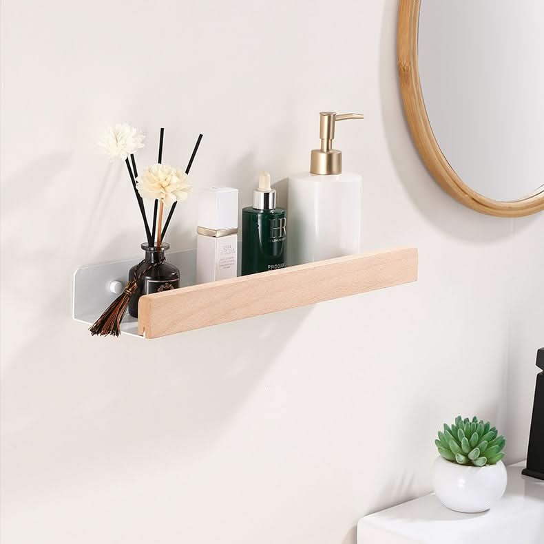 BowLift | Woodify Towel Rack – No-Drill Wall-Mounted Shower Shelf with Wooden Accents