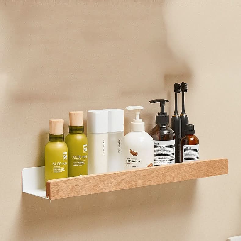 BowLift | Woodify Towel Rack – No-Drill Wall-Mounted Shower Shelf with Wooden Accents