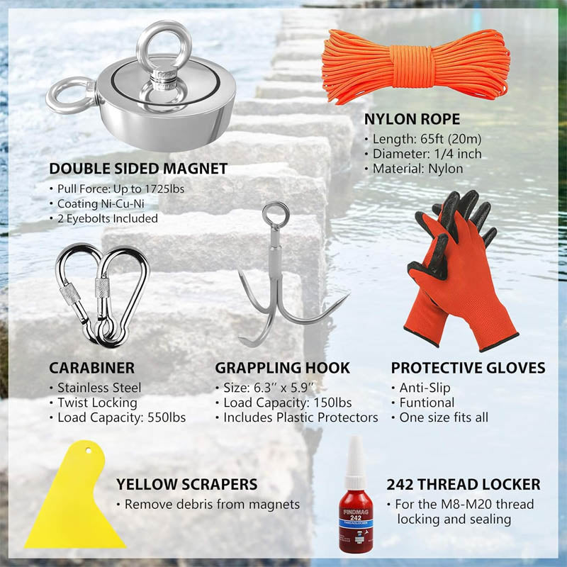 BowLift | 1725 lbs Magnet Fishing Kit Double Sided Magnet Fishing Kit with Rope for Retrieving Items in River, Lake, Beach, Lawn, 3.7" Diameter