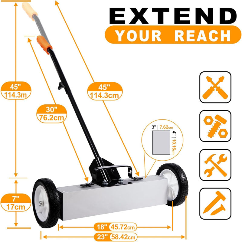 BowLift | 18 Inches 26 Lbs Magnetic Sweeper with Wheels with Quick Release Latch and Extension Handle