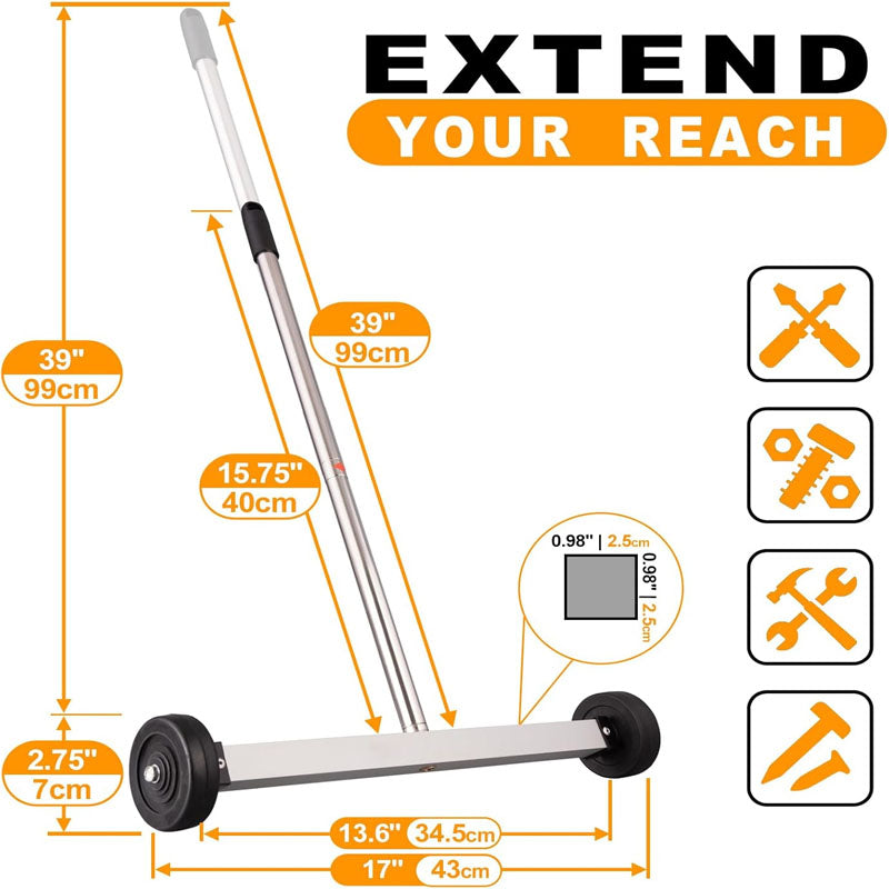 BowLift | 17inch Magnetic Sweeper  Sweeper Roofing Tools with Telescoping Holder and Wheels to Pick Up Nails Magnetic Sweeper for Construction