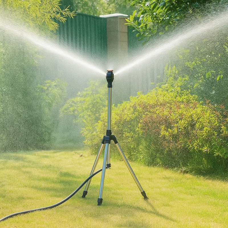 BowLift | High-Pressure Rotating Tripod Sprinkler | 360° Coverage, Adjustable Height & Quick Setup for Garden Care and Summer Fun