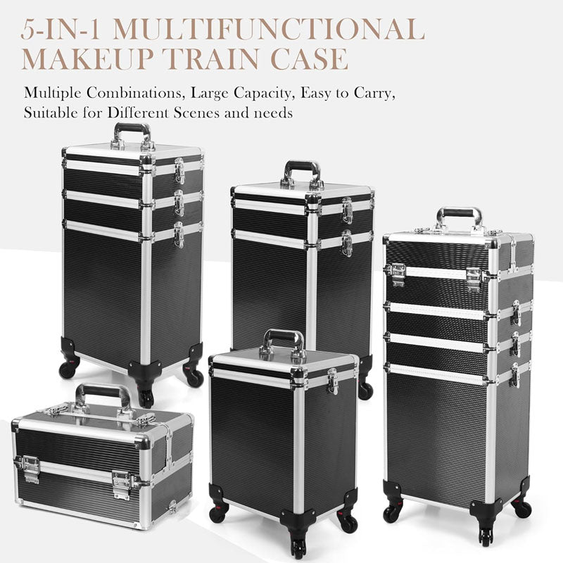 BowLift | Makeup Rolling Trolley 5 in 1 Professional Makeup Train Case Aluminum Cosmetic Case with Key Swivel Wheels , Black