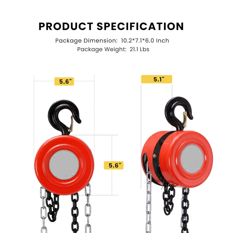 BowLift | Manual Chain Hoist 1 Ton 2200 Lbs Capacity 10ft With 2 Heavy Duty Hooks, Manual Chain Hoist For Warehouse Building Auto Machinery Red