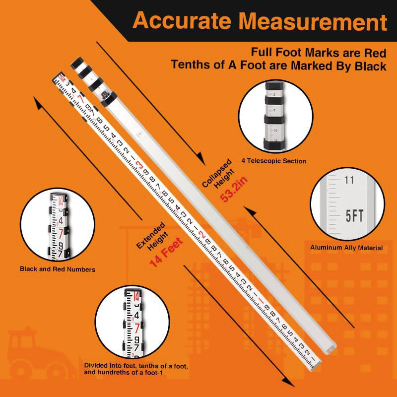 BowLift | Measuring Rod , 14-Foot Aluminum Grade Rod 10ths  with Carrying Case and Rod level , Aluminum Grade Rod