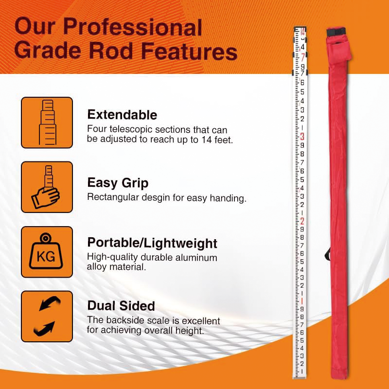 BowLift | Measuring Rod , 14-Foot Aluminum Grade Rod 10ths  with Carrying Case and Rod level , Aluminum Grade Rod