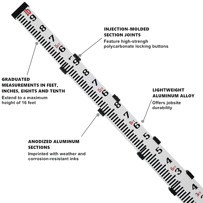 BowLift | Measuring Rod , 16-Foot Aluminum Grade Rod 10ths 5 Sections Telescopic Grade Rod with Bubble Level