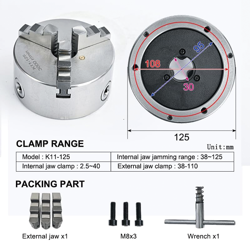 BowLift | K11-125 Metal Lathe Chuck Self-centering 3 Jaw,5 Inch,for Grinding Machines Milling Machines Mini Lathe