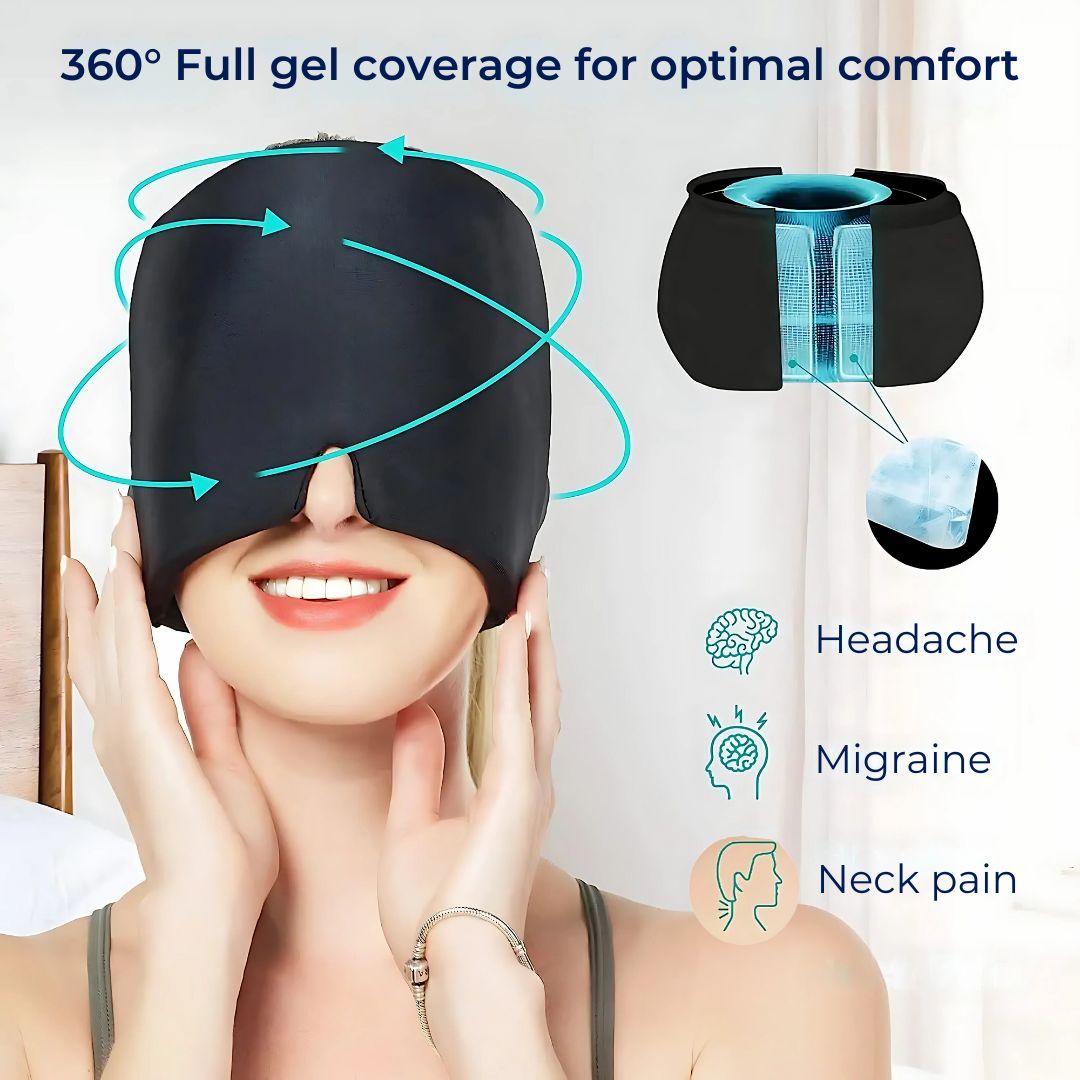 MigraSoothe Gel Hood Instant Headache and Migraine Relief | Cooling Comfort, Pressure Therapy & Light Blocking for Anytime Use Bowlift