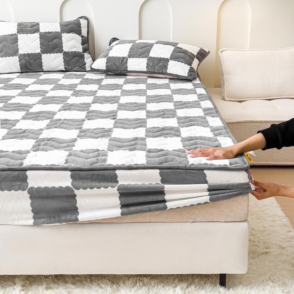 BowLift | Milk Velvet Checked Bed Linen Fitted Sheet Mattress Cover