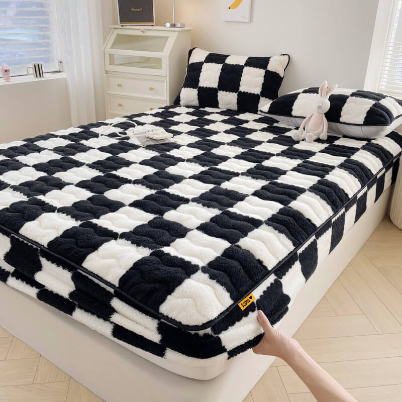 BowLift | Milk Velvet Checked Bed Linen Fitted Sheet Mattress Cover