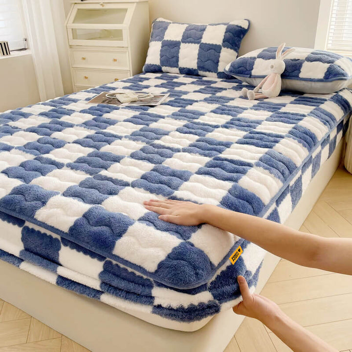 BowLift | Milk Velvet Checked Bed Linen Fitted Sheet Mattress Cover