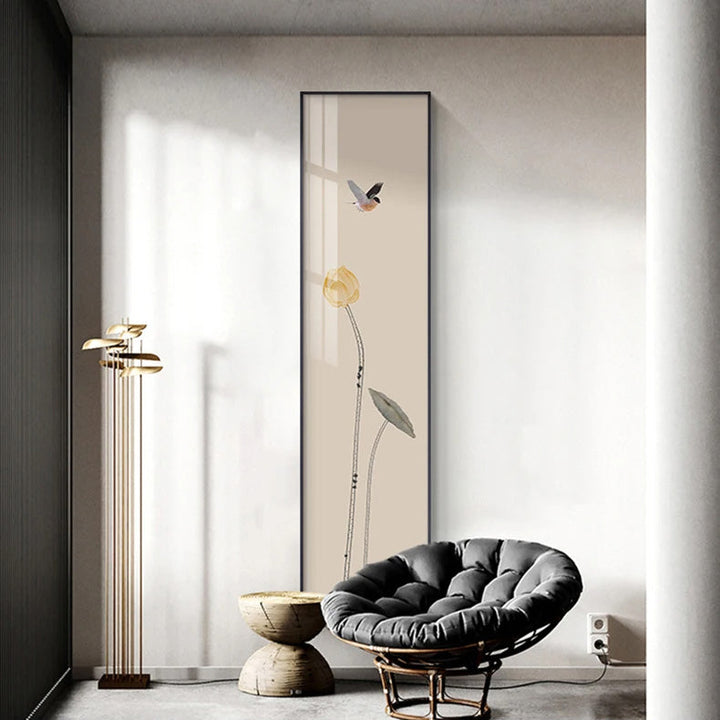 Minimalist Floral Birds & Butterfly Wall Art Fine Art Canvas Prints Tall Vertical Format Pictures For Foyer Lobby Reception Room Art Decor | Bowlift