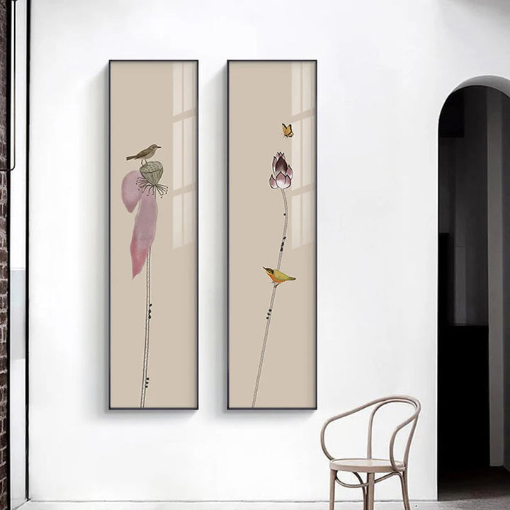 Minimalist Floral Birds & Butterfly Wall Art Fine Art Canvas Prints Tall Vertical Format Pictures For Foyer Lobby Reception Room Art Decor | Bowlift