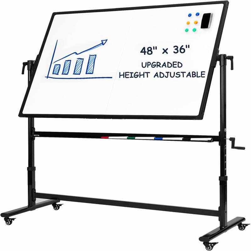 BowLift | Mobile White Board  48 X 36 Inches Height Adjustable on Wheels Double-Sided Rolling Dry Erase Board with Stand